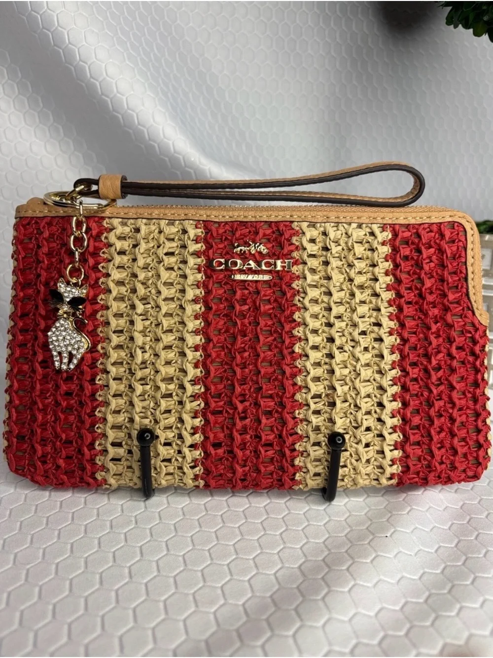Coach Large Woven Straw and Leather Wristlet and Fashion Keychain NWT